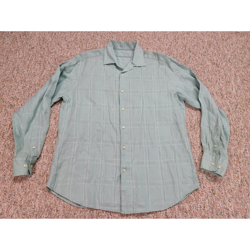 Tommy Bahama Shirt Mens Large Green Linen Button Up Long Sleeve Plaid Tropical